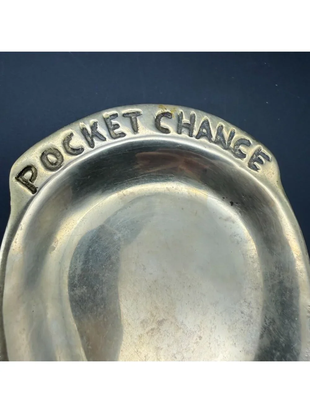Vtg MCM Solid Brass Pocket Change CHANCE Dish Tray Valet Catchall Rare Misprint